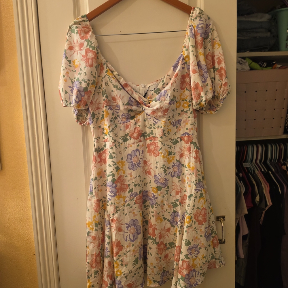 Hello Molly White Floral Puff Sleeve Mini Dress